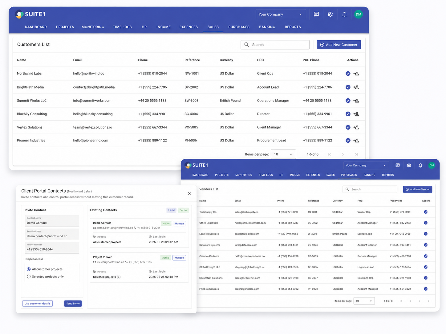 SUITE1 customers, vendors, and invoicing