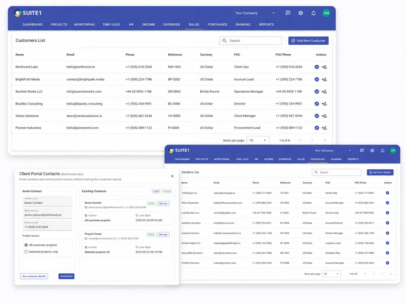 SUITE1 customers, vendors, and invoicing