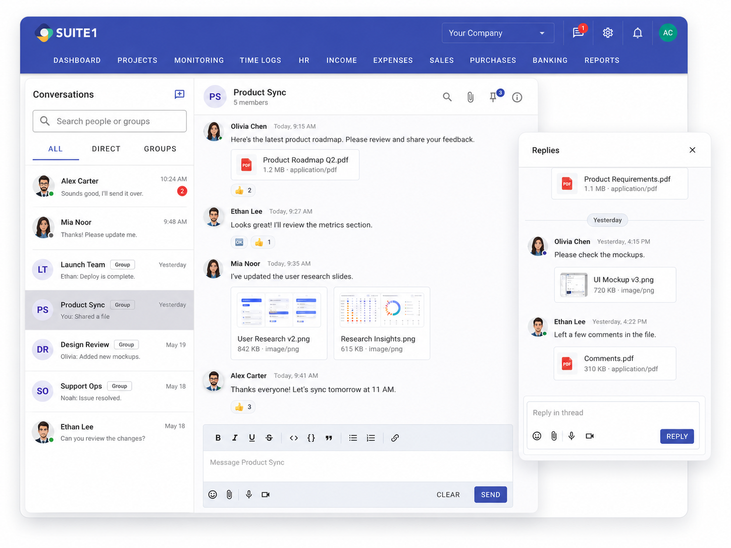 SUITE1 team communication with group channels and file sharing
