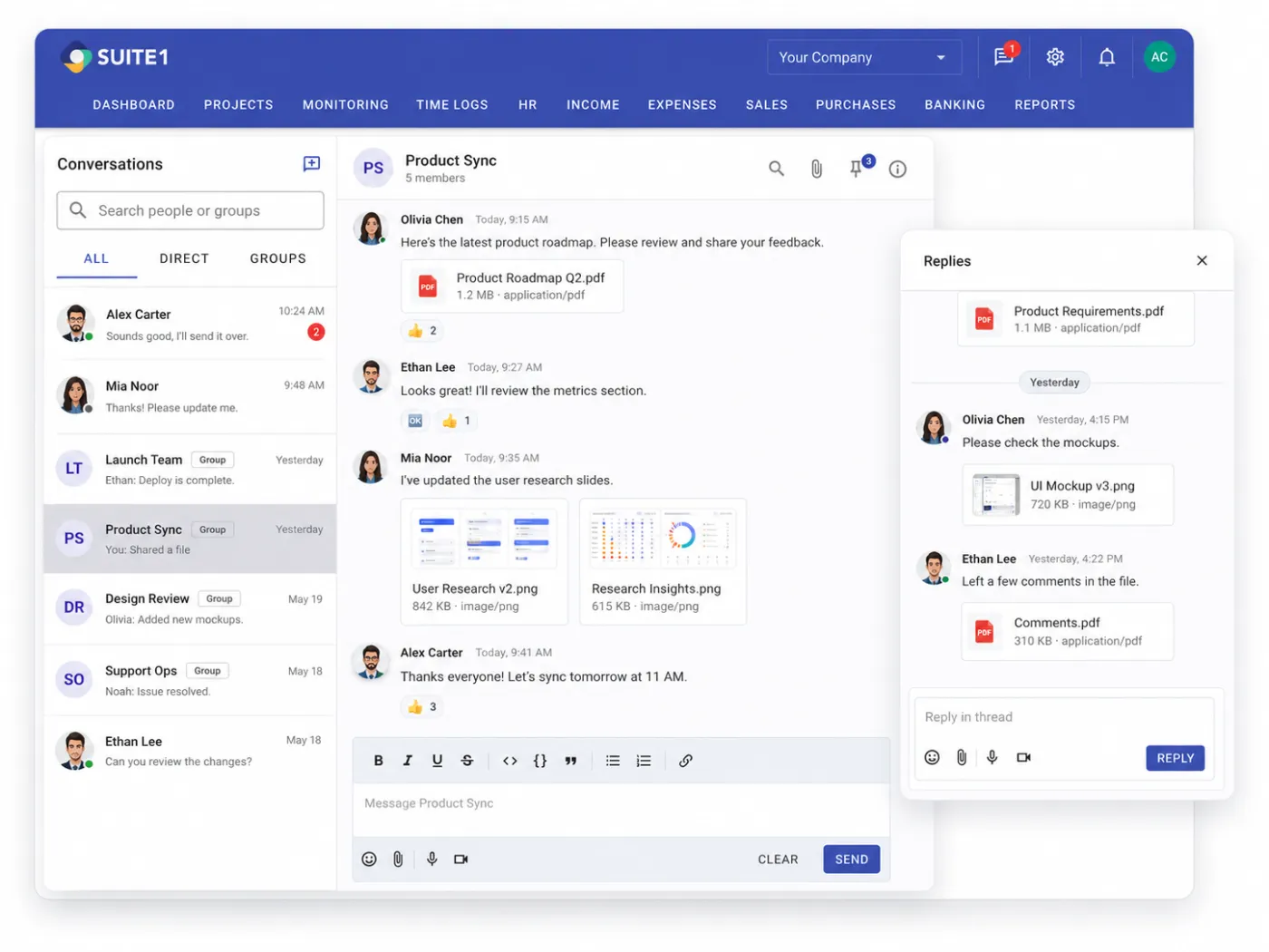 SUITE1 team communication with group channels and file sharing