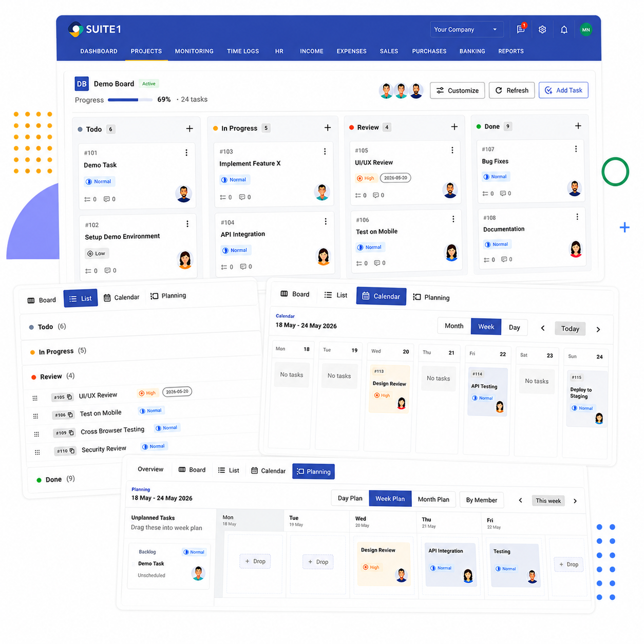 SUITE1 project board with Kanban view and task cards