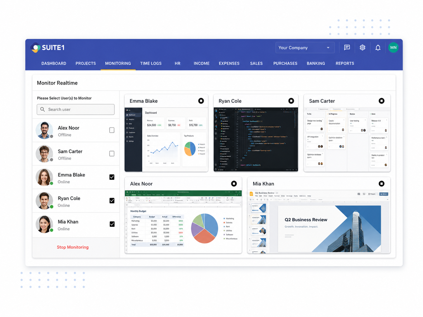 SUITE1 time logs and activity overview